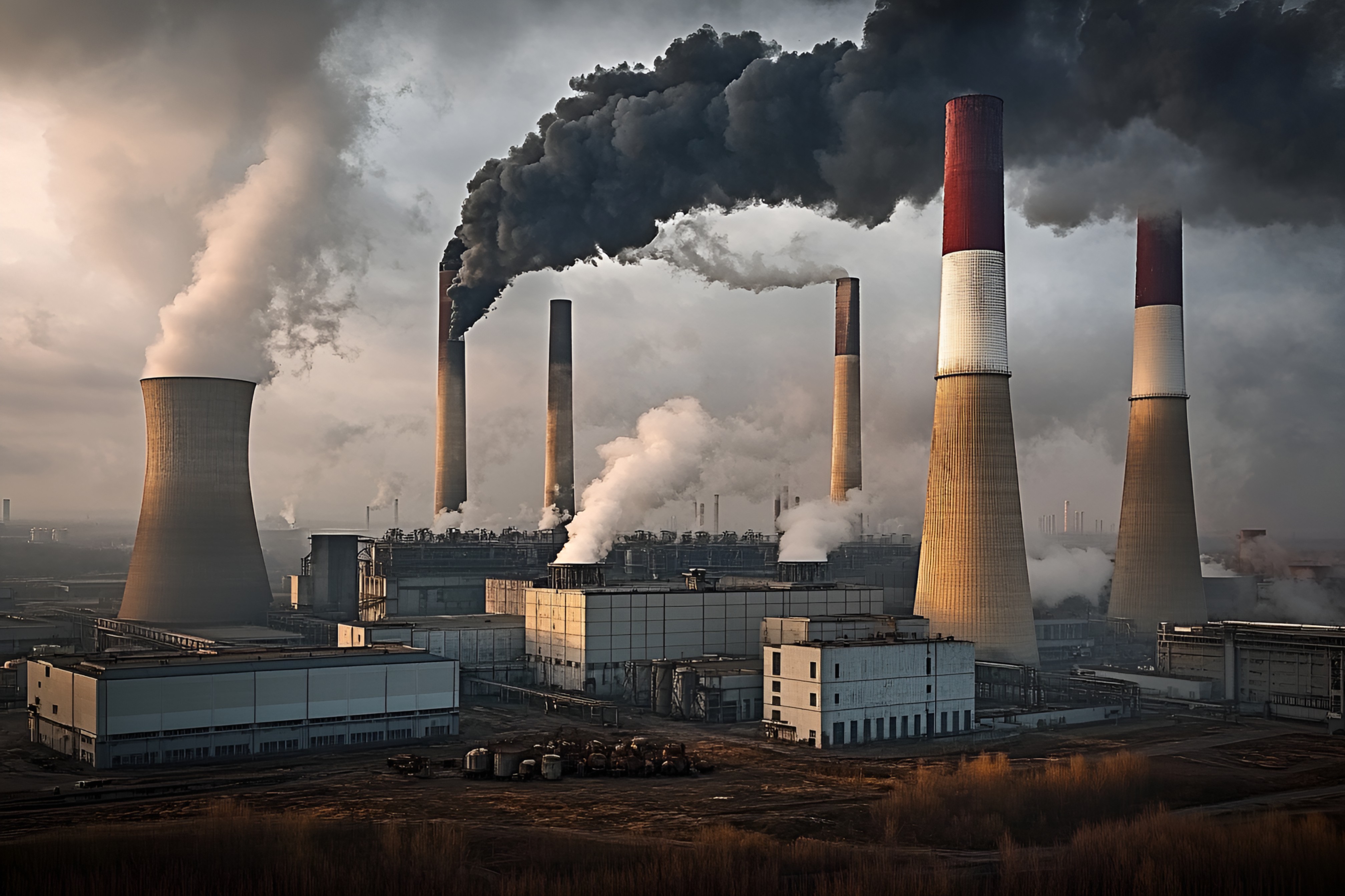 58639838.jpg 工厂现实主义工业区大型烟囱冷却塔排放烟雾场景商业照片(商业使用).jpg